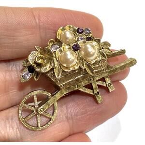 Vintage Faux Pearl Gold Tone Porcelain Flower Cart Wheel Barrow Brooch Pin